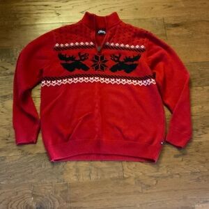 Chaps Red Zip Up Sweater with Reindeer Design